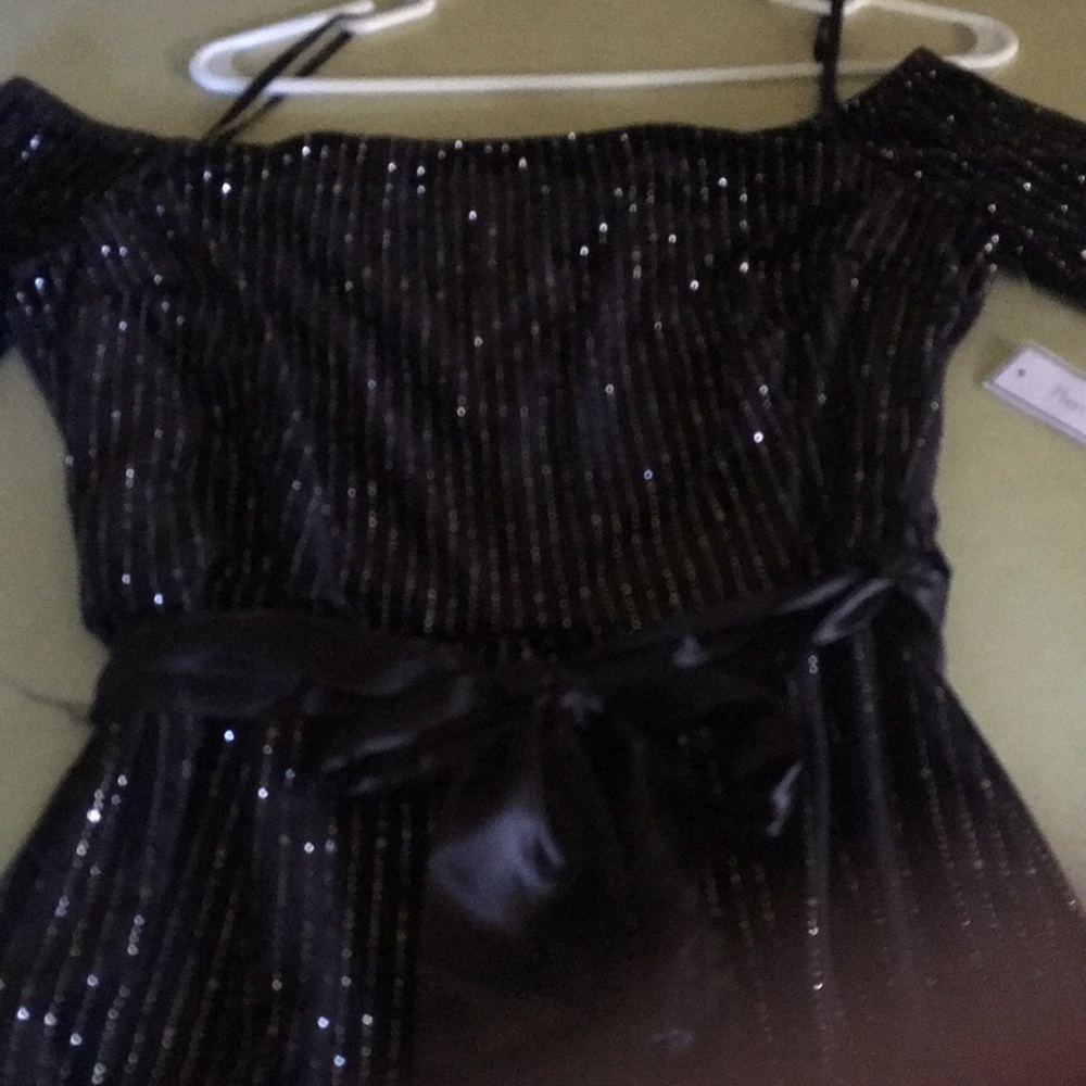 Black beaded off the shoulder elbow length pantsuit